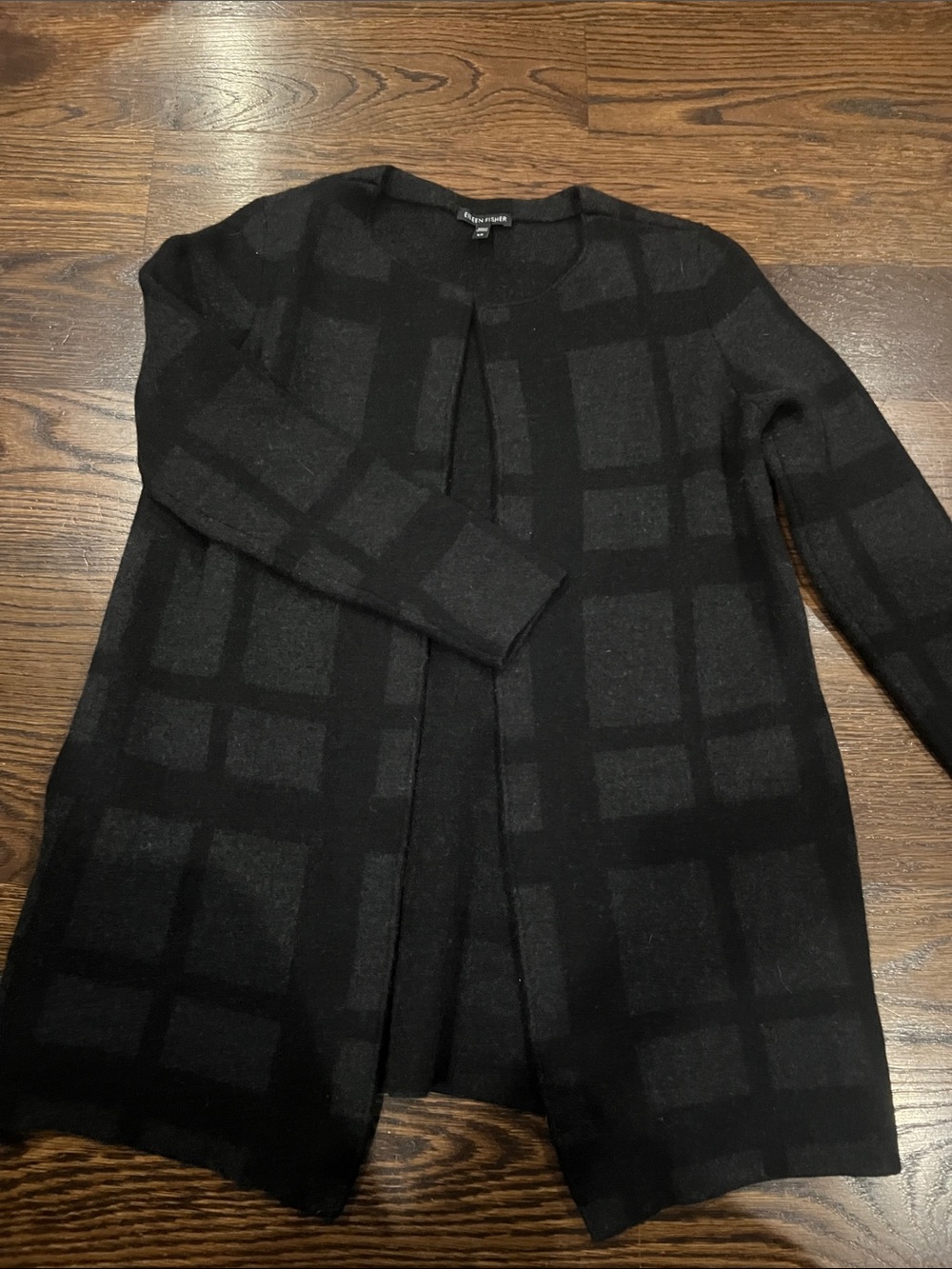 Eileen Fisher Black Windowpane Open-Front Cardigan